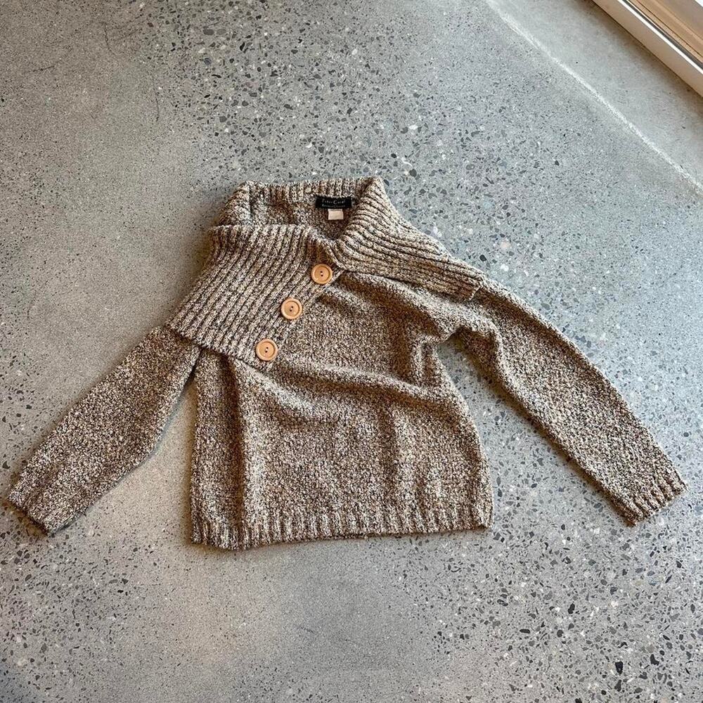 Peter Carol Small Sweater Brown Marled Knit Sweater Button Collar Off Shoulder